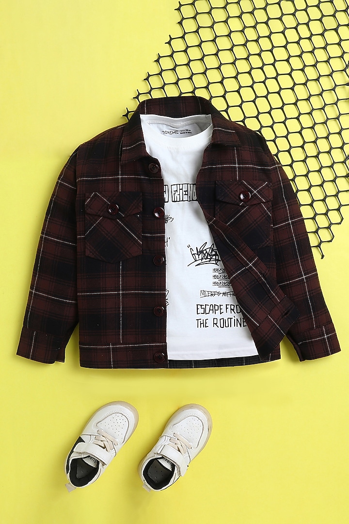 Brown Cotton Jacket Set For Boys by Ministitch at Pernia's Pop Up Shop