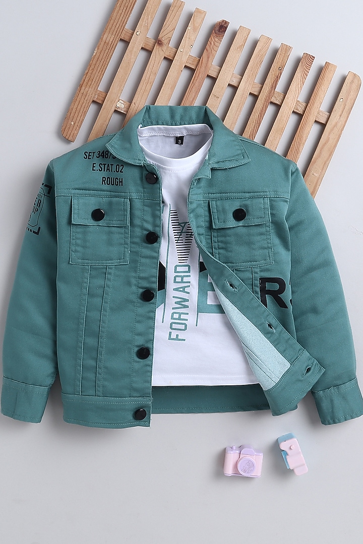 Mint Green Denim Printed Jacket Set For Boys by Ministitch at Pernia's Pop Up Shop