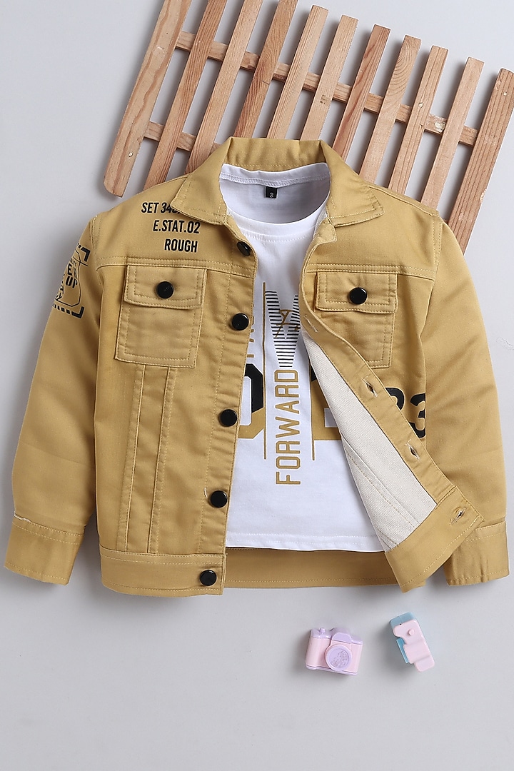 Mustard Denim Printed Jacket Set For Boys by Ministitch at Pernia's Pop Up Shop