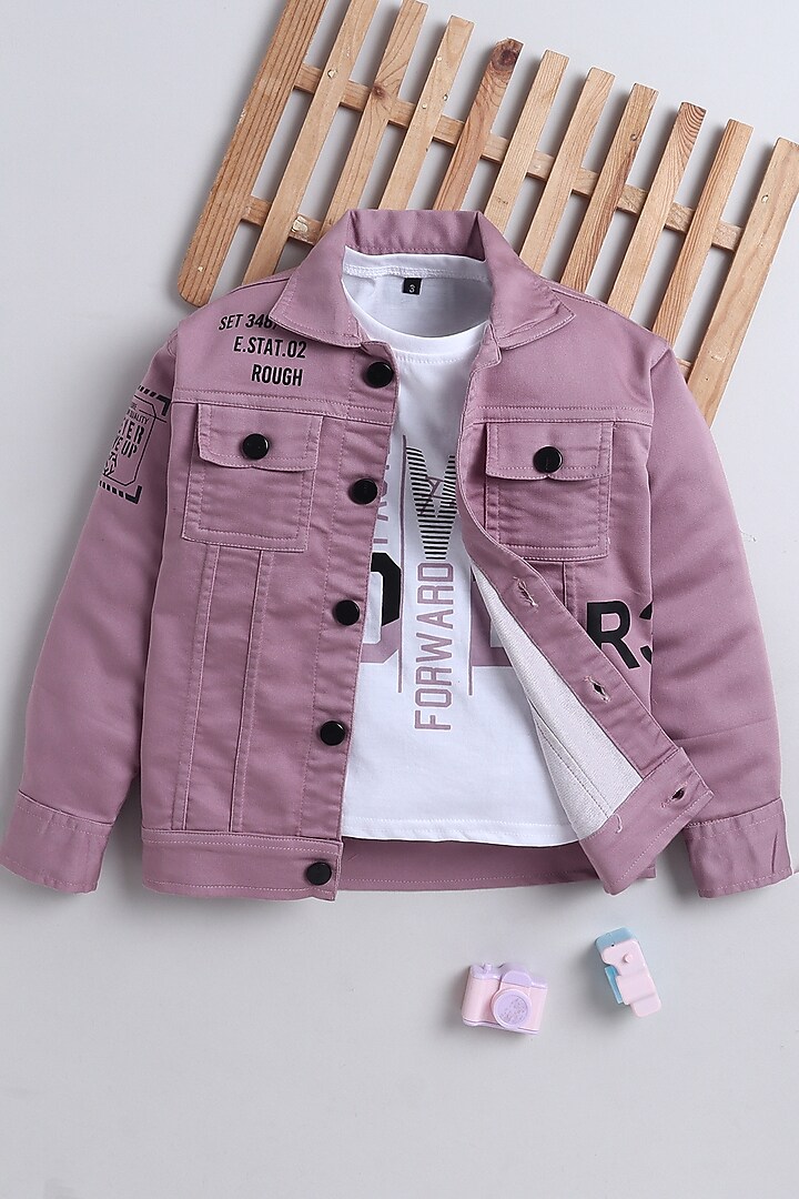 Onion Pink Denim Printed Jacket Set For Boys by Ministitch at Pernia's Pop Up Shop