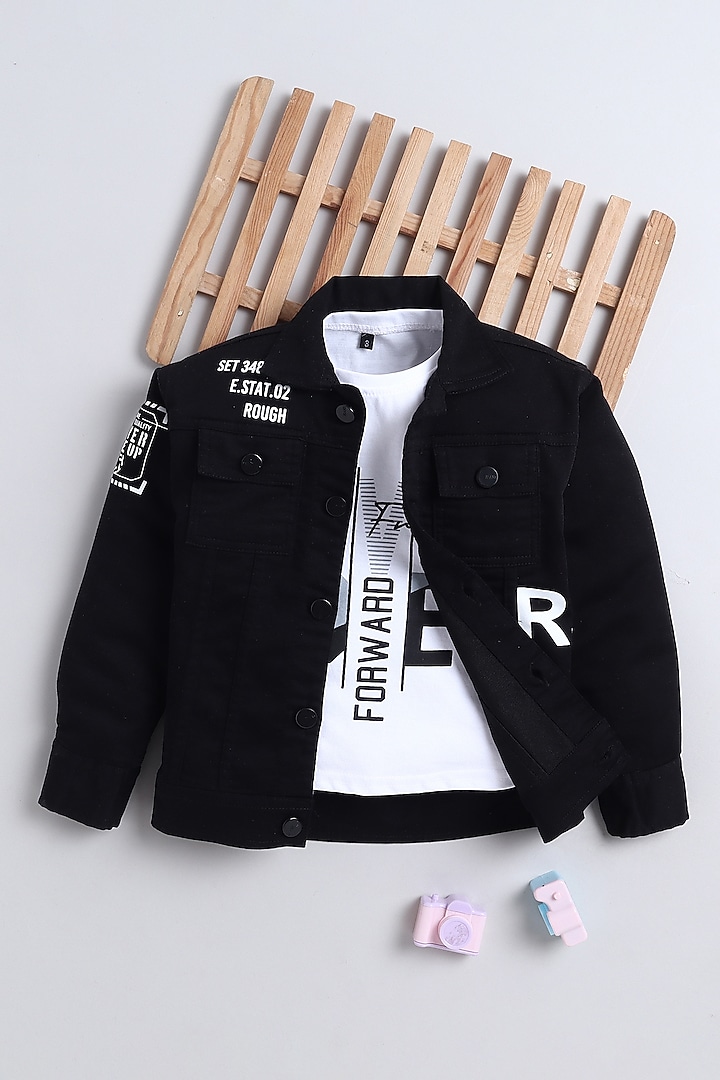 Black Denim Printed Jacket Set For Boys by Ministitch at Pernia's Pop Up Shop