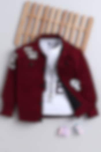Maroon Denim Printed Jacket Set For Boys by Ministitch at Pernia's Pop Up Shop