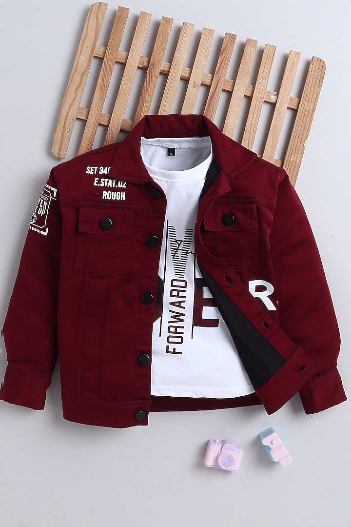 Maroon Denim Printed Jacket Set For Boys by Ministitch at Pernia's Pop Up Shop