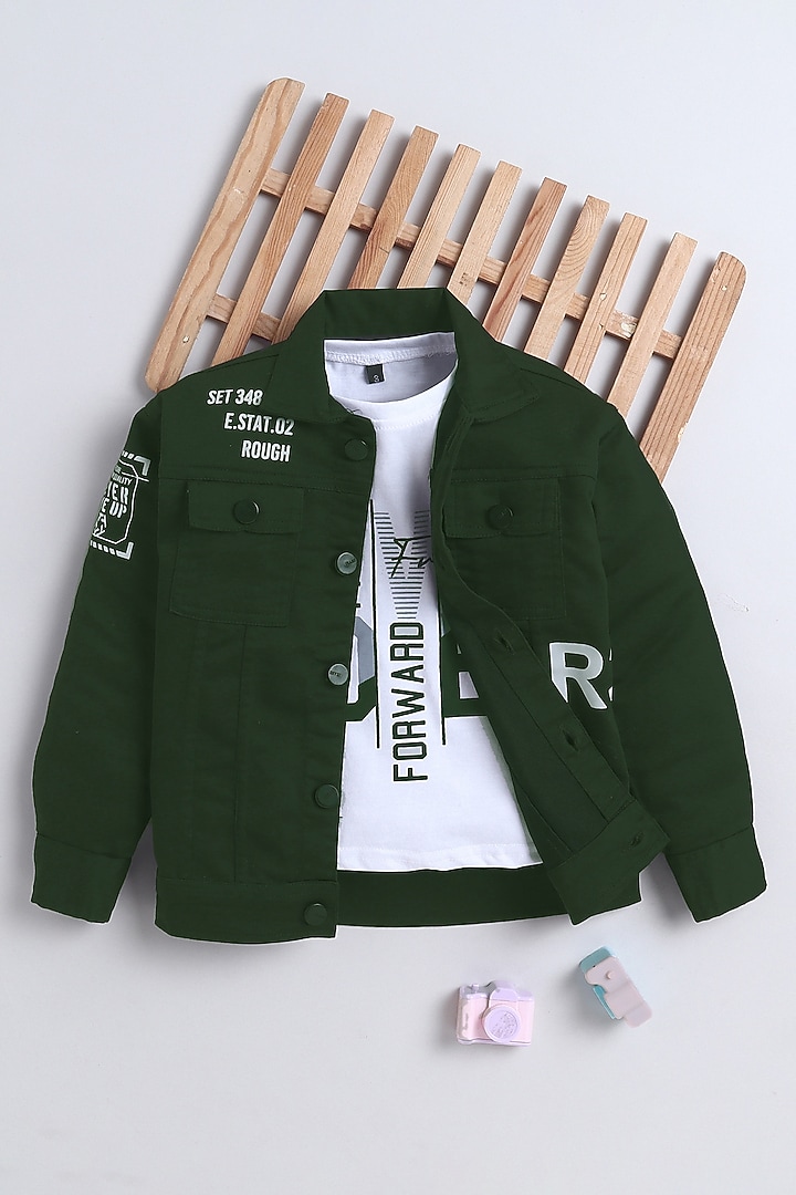 Bottle Green Denim Printed Jacket Set For Boys by Ministitch at Pernia's Pop Up Shop