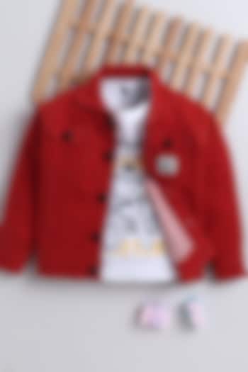 Rust Orange Denim Printed Jacket Set For Boys by Ministitch at Pernia's Pop Up Shop