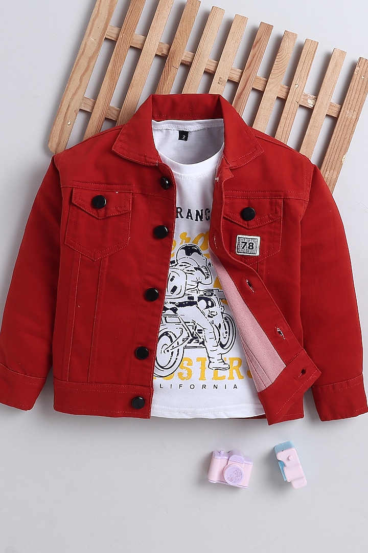 Rust Orange Denim Printed Jacket Set For Boys by Ministitch at Pernia's Pop Up Shop