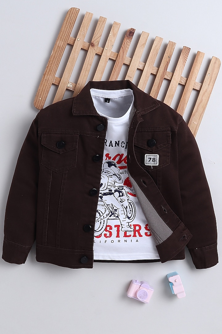 Brown Denim Printed Jacket Set For Boys by Ministitch at Pernia's Pop Up Shop