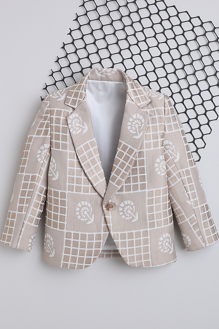 Cream Jacquard Checkered Blazer For Boys by Ministitch at Pernia's Pop Up Shop