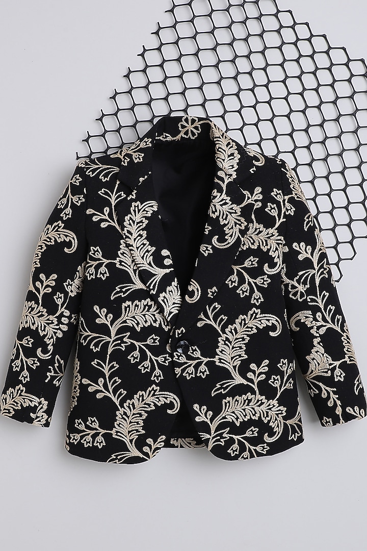 Black Cotton Embroidered Blazer For Boys by Ministitch at Pernia's Pop Up Shop