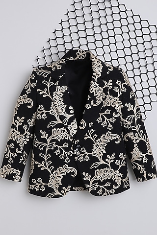 Black Cotton Embroidered Blazer For Boys by Ministitch