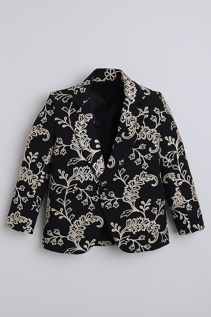 Black Cotton Embroidered Blazer For Boys by Ministitch at Pernia's Pop Up Shop