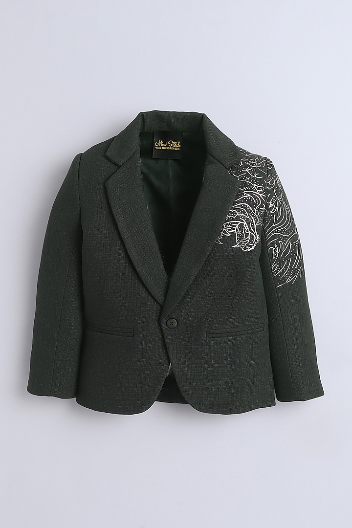 Olive Green Cotton Foil Printed Blazer For Boys by Ministitch at Pernia's Pop Up Shop