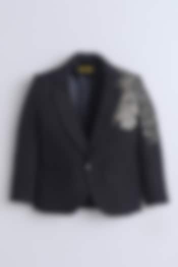Black Cotton Foil Printed Blazer For Boys by Ministitch at Pernia's Pop Up Shop