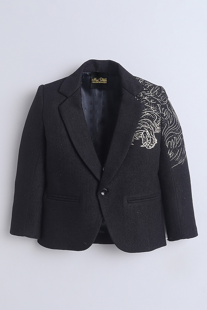 Black Cotton Foil Printed Blazer For Boys by Ministitch at Pernia's Pop Up Shop