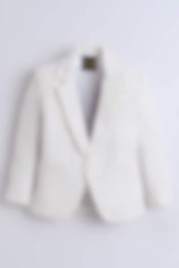 Cream Linen Cotton Blend Check Printed Blazer For Boys by Ministitch at Pernia's Pop Up Shop