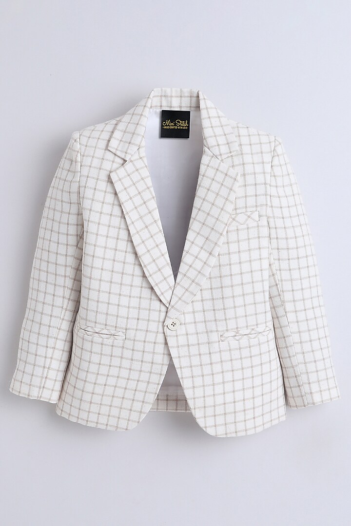 Cream Linen Cotton Blend Check Printed Blazer For Boys by Ministitch at Pernia's Pop Up Shop