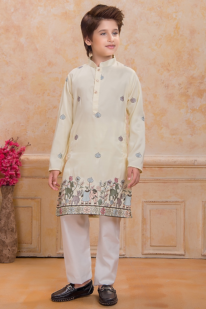 Yellow Cotton Silk Embroidered Kurta Set For Boys by Ministitch at Pernia's Pop Up Shop