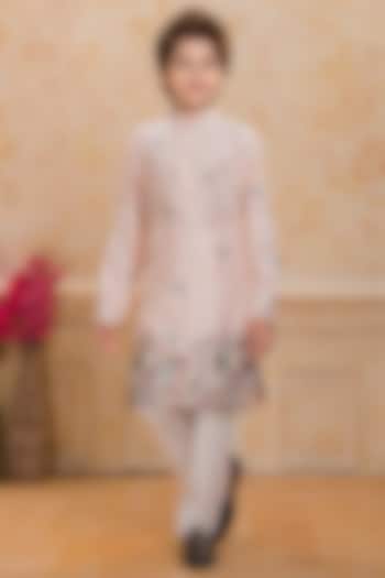 Peach Cotton Silk Embroidered Kurta Set For Boys by Ministitch at Pernia's Pop Up Shop