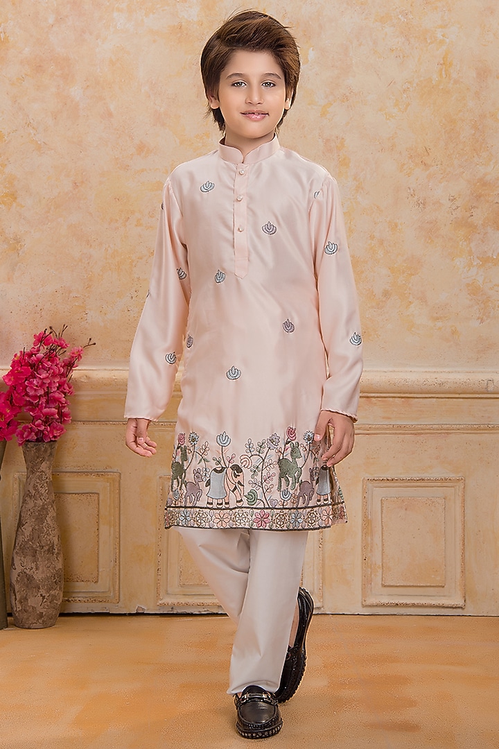 Peach Cotton Silk Embroidered Kurta Set For Boys by Ministitch at Pernia's Pop Up Shop