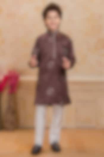 Brown Satin Embroidered Kurta Set For Boys by Ministitch at Pernia's Pop Up Shop