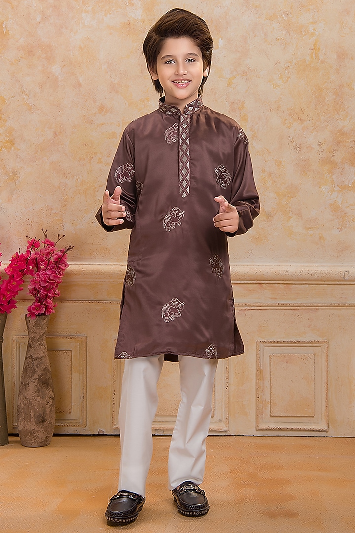 Brown Satin Embroidered Kurta Set For Boys by Ministitch at Pernia's Pop Up Shop