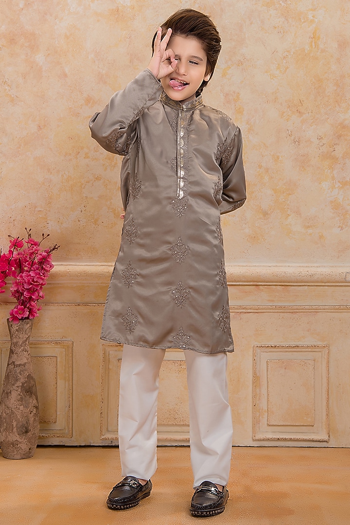 Olive Green Satin Embroidered Kurta Set For Boys by Ministitch at Pernia's Pop Up Shop
