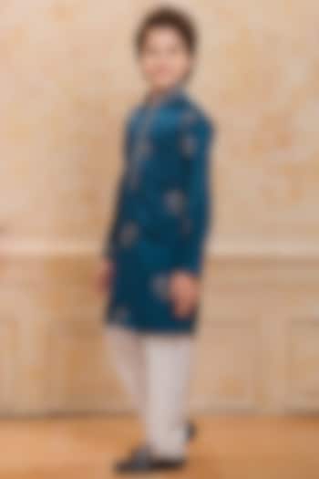 Teal Satin Embroidered Kurta Set For Boys by Ministitch at Pernia's Pop Up Shop