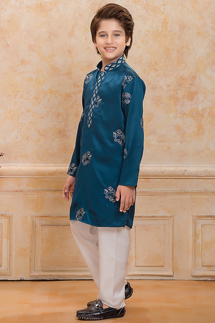 Teal Satin Embroidered Kurta Set For Boys by Ministitch at Pernia's Pop Up Shop
