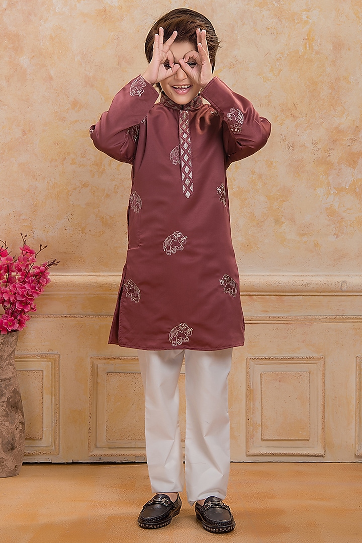 Rust Satin Embroidered Kurta Set by Ministitch at Pernia's Pop Up Shop
