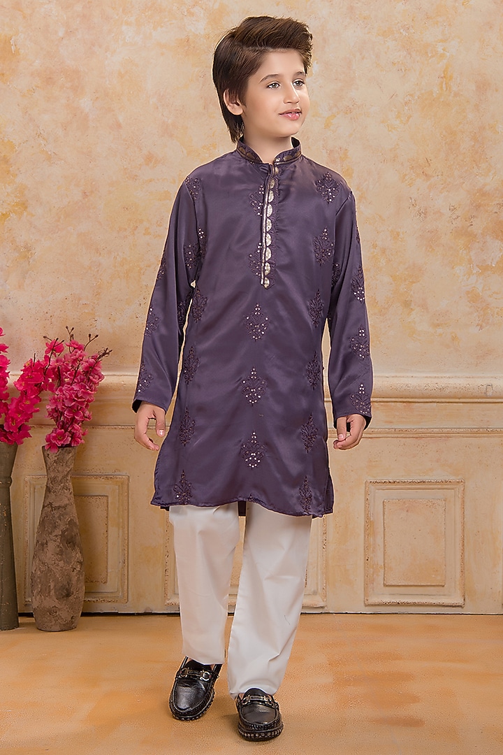 Purple Satin Embroidered Kurta Set by Ministitch at Pernia's Pop Up Shop