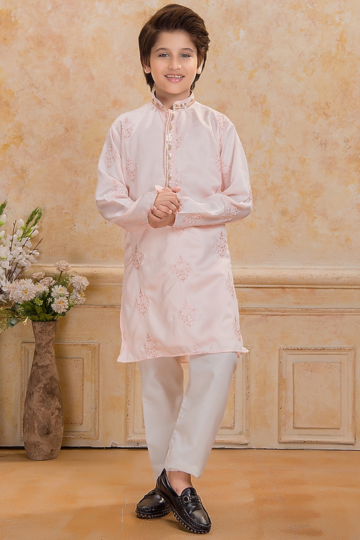 Peach Satin Embroidered Kurta Set by Ministitch at Pernia's Pop Up Shop