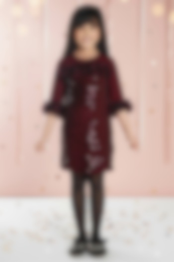 Maroon Net Sequin Embroidered Midi Dress For Girls by Ministitch at Pernia's Pop Up Shop