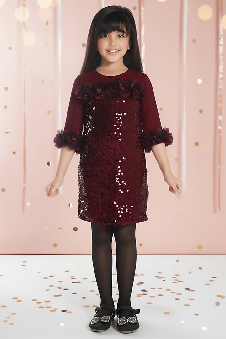 Maroon Net Sequin Embroidered Midi Dress For Girls by Ministitch at Pernia's Pop Up Shop