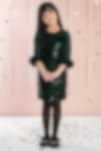 Green Net Sequin Embroidered Midi Dress For Girls by Ministitch at Pernia's Pop Up Shop