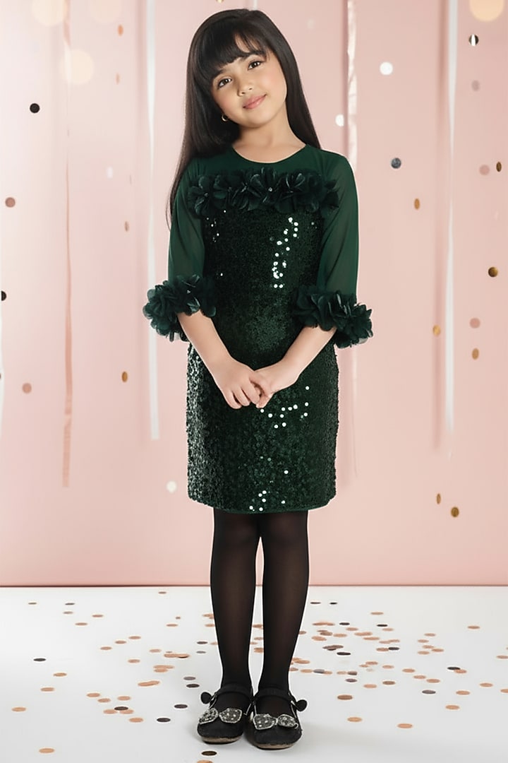 Green Net Sequin Embroidered Midi Dress For Girls by Ministitch at Pernia's Pop Up Shop