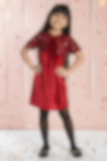 Maroon Velvet Sequin Embroidered Jacket Dress For Girls by Ministitch at Pernia's Pop Up Shop