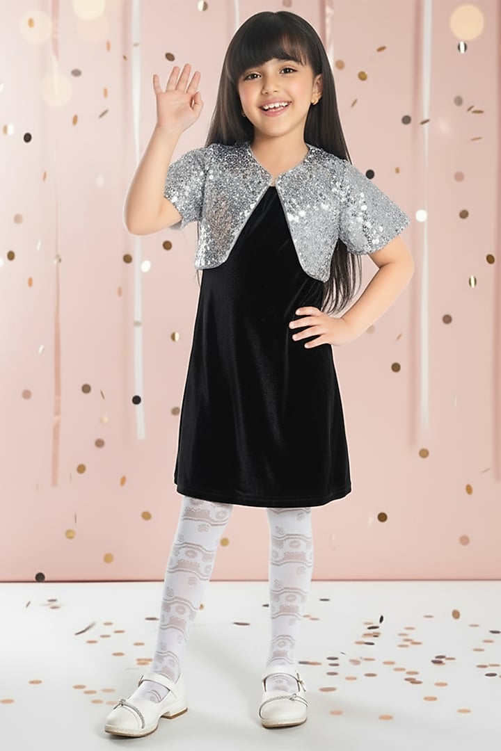 Black Velvet Sequin Embroidered Jacket Dress For Girls by Ministitch at Pernia's Pop Up Shop