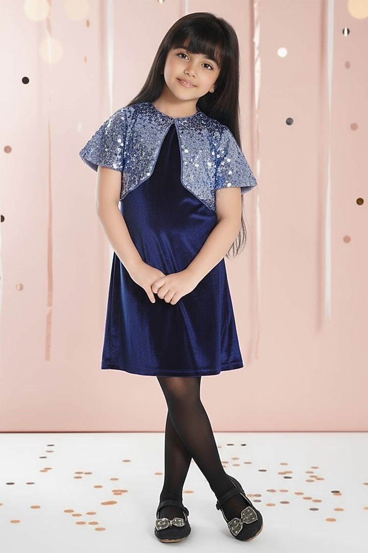 Blue Velvet Sequin Embroidered Jacket Dress For Girls by Ministitch at Pernia's Pop Up Shop