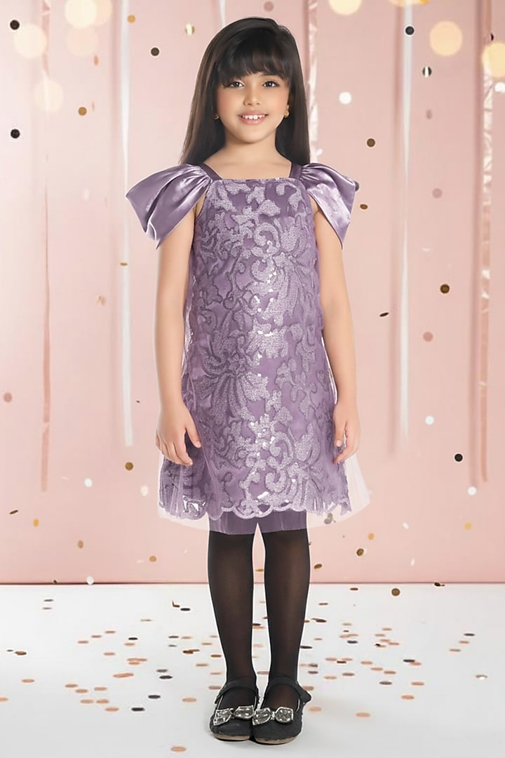 Lilac Mesh Sequin Embroidered Midi Dress For Girls by Ministitch at Pernia's Pop Up Shop