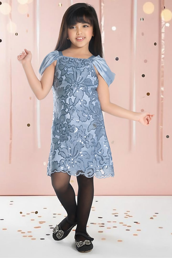 Blue Mesh Sequin Embroidered Midi Dress For Girls by Ministitch at Pernia's Pop Up Shop