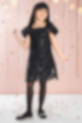 Black Mesh Sequin Embroidered Midi Dress For Girls by Ministitch at Pernia's Pop Up Shop