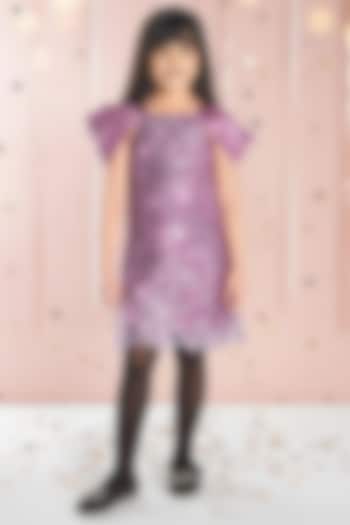 Pink Mesh Sequin Embroidered Midi Dress For Girls by Ministitch at Pernia's Pop Up Shop