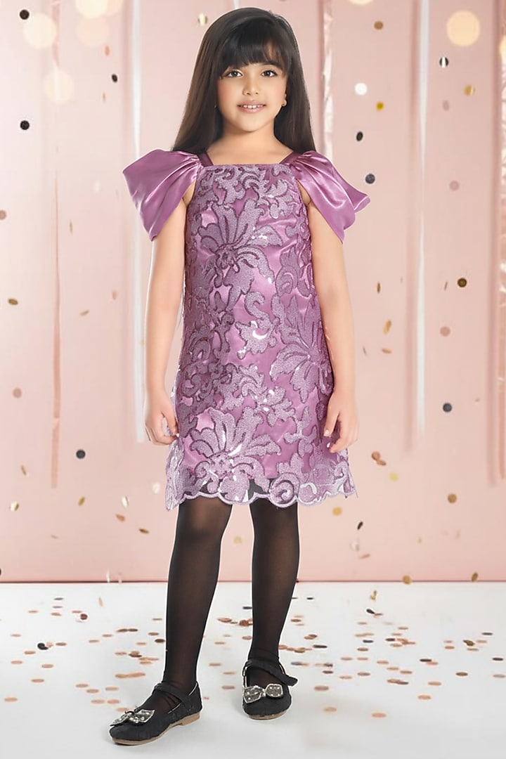 Pink Mesh Sequin Embroidered Midi Dress For Girls by Ministitch at Pernia's Pop Up Shop