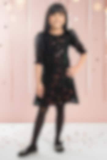 Black Mesh Sequin Embroidered A-Line Dress For Girls by Ministitch at Pernia's Pop Up Shop
