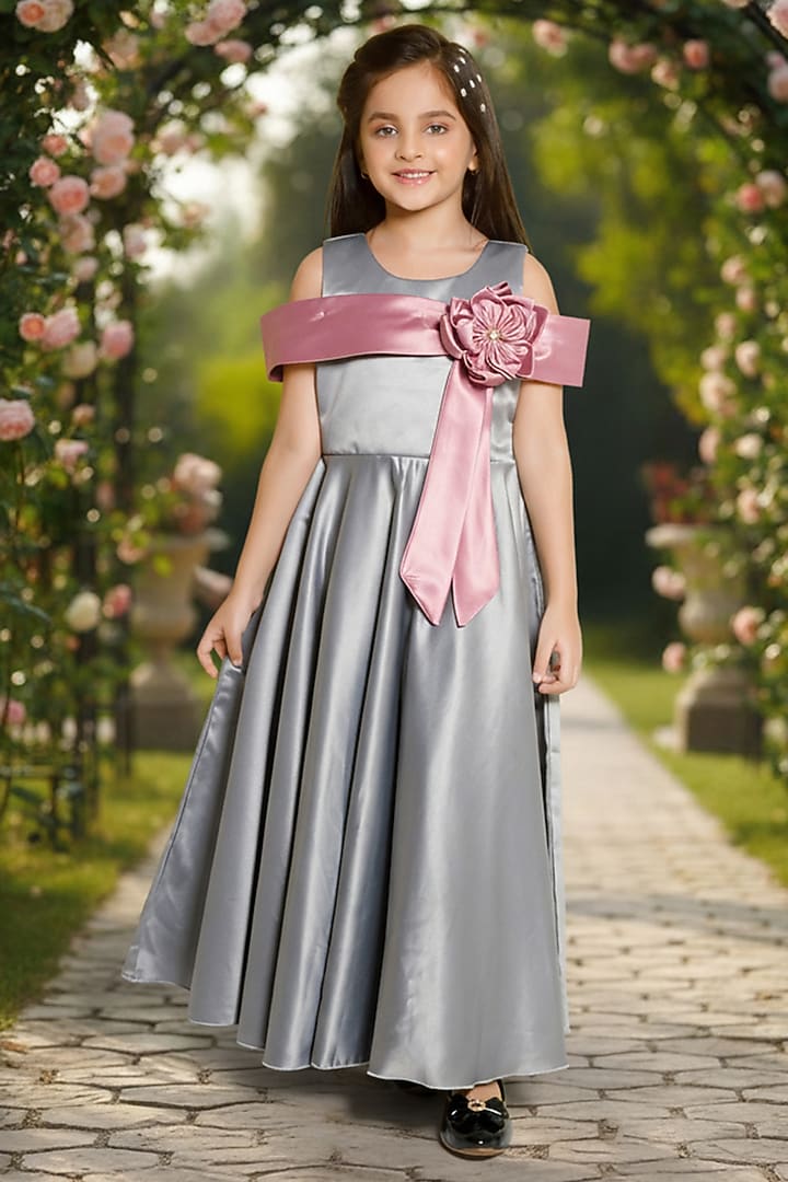 Olive Green Satin Floral Applique Gown For Girls by Ministitch at Pernia's Pop Up Shop