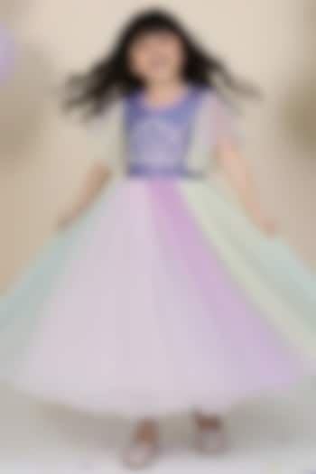Lilac Mesh Pearl Embellished Paneled Gown For Girls by Ministitch at Pernia's Pop Up Shop