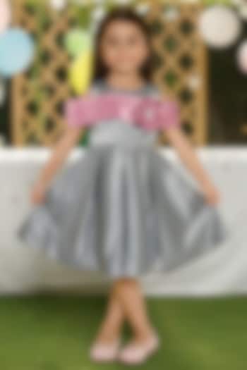 Olive Green Satin 3D Floral Applique Embroidered Pleated Dress For Girls by Ministitch at Pernia's Pop Up Shop