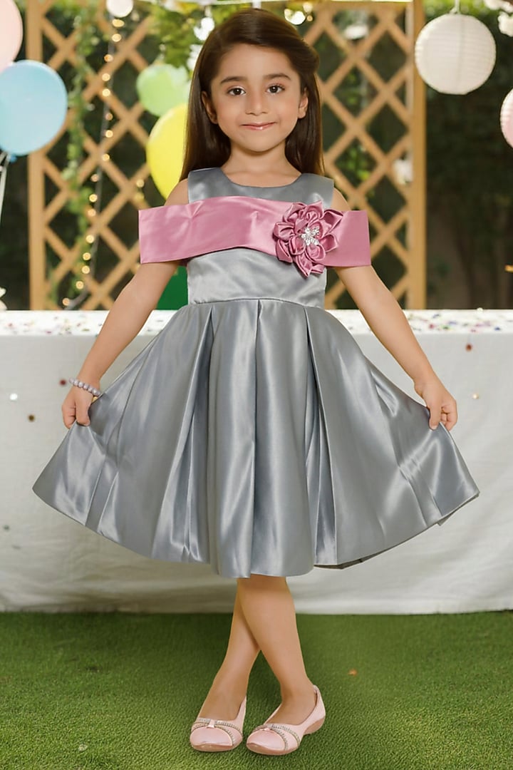 Olive Green Satin 3D Floral Applique Embroidered Pleated Dress For Girls by Ministitch at Pernia's Pop Up Shop