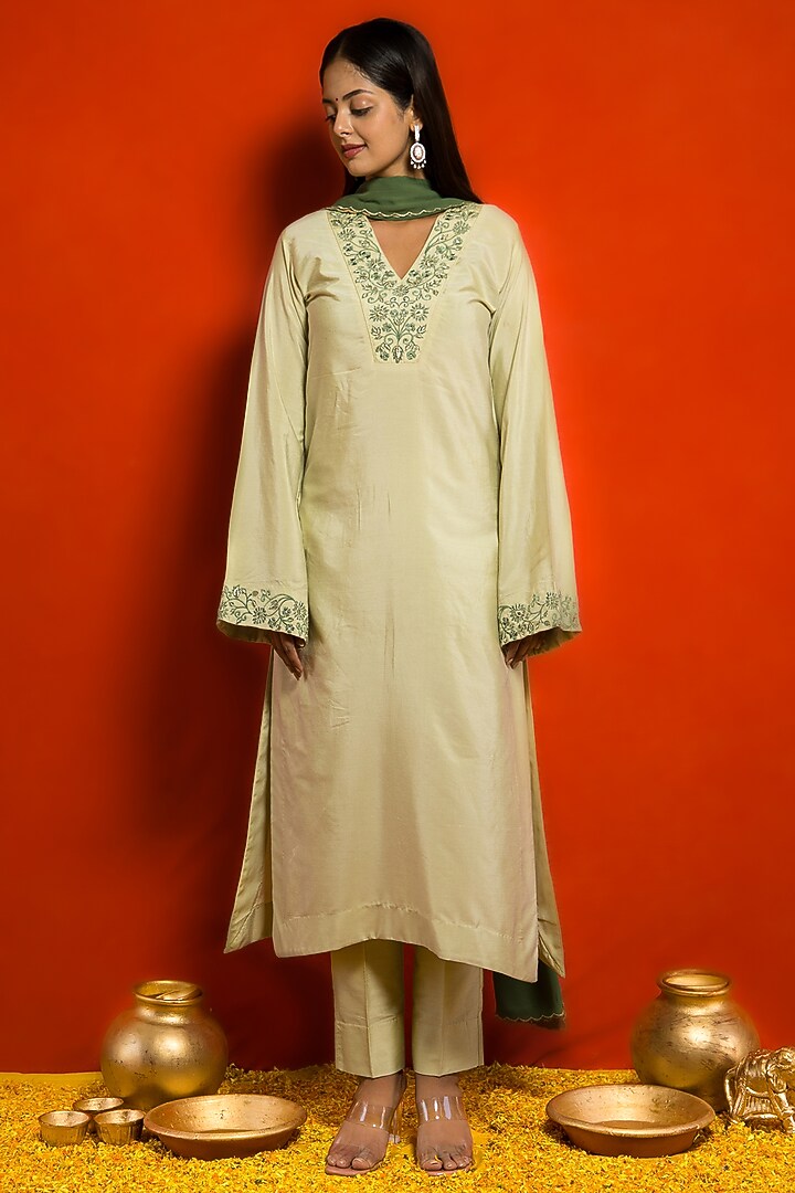 Pista Green Premium Summer Silk Hand & Machine Embroidered Kurta Set by MITHI SUPARI at Pernia's Pop Up Shop