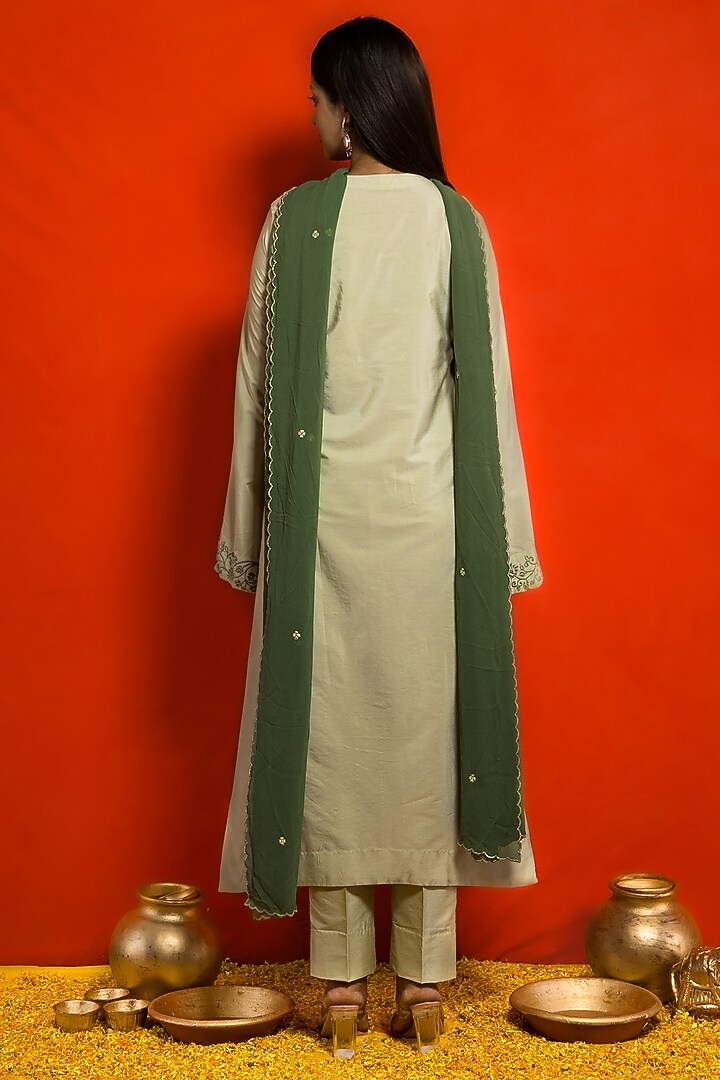 Pista Green Premium Summer Silk Hand & Machine Embroidered Kurta Set by MITHI SUPARI at Pernia's Pop Up Shop